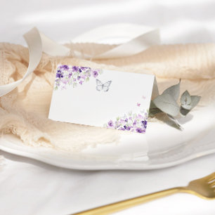 Tarjeta De Asiento Mariposa floral morada de plata