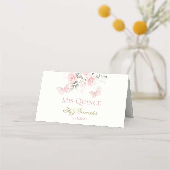 Tarjeta De Asiento Mariposa rosa Quinceañera (Reverso)