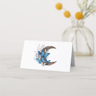 Tarjeta De Asiento Mariposas azules sobre la media luna de madera