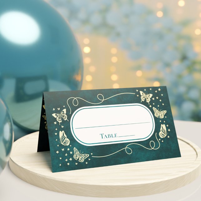 Tarjeta De Asiento Mariposas de 15 años de edad de Girly Emerald Gree (Girly Emerald Green Gold 15 Years Old Butterflies Place Card)