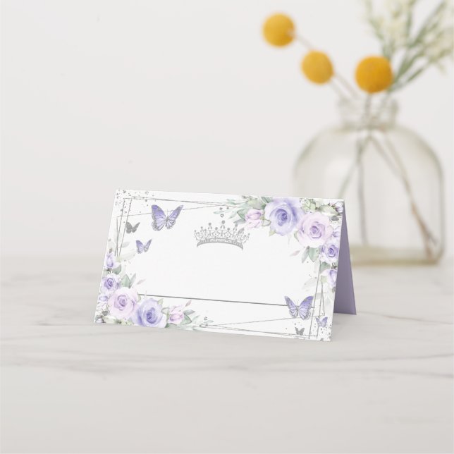 Tarjeta De Asiento Mariposas Florales Púrpura Lavender Quinceañera (Reverso)