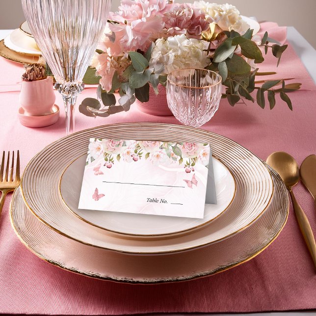 Tarjeta De Asiento Mariposas Florales Rosa Floral | Mármol Rosa  (Elegant Pink Rose Floral and Pink Butterflies Folded Table Place Cards)