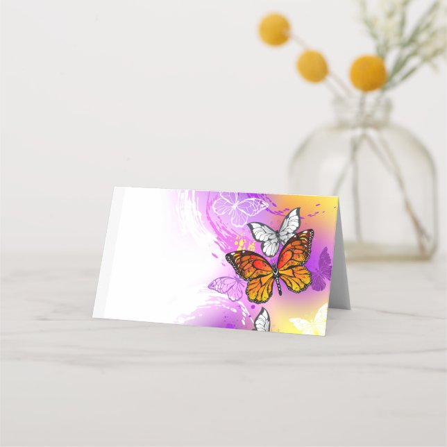 Tarjeta De Asiento Mariposas monarcas en fondo morado (Anverso)