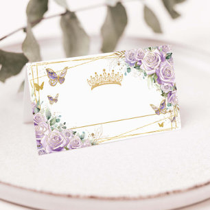 Tarjeta De Asiento Mariposas Purple Lilac Floral Gold Quinceañera