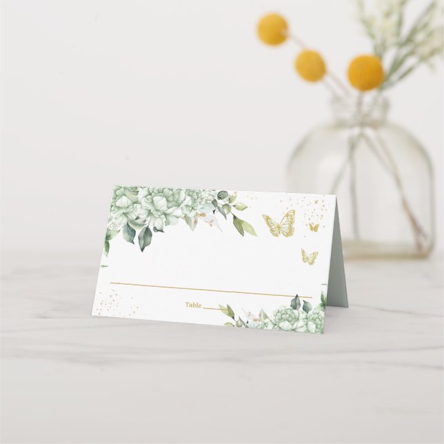 Tarjeta De Asiento Mariposas Sage Green Floral Gold Quinceañera (Anverso)