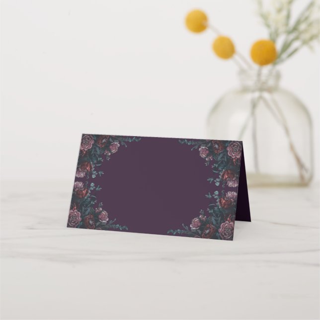 Tarjeta De Asiento Marrón oscuro morado floral elegante de boda (Anverso)