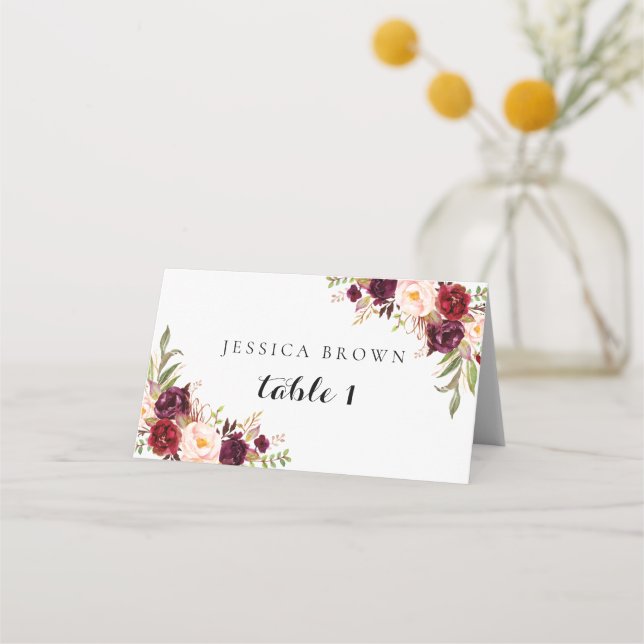 Tarjeta De Asiento Marsala Burgundy Floral Boda Place Card (Anverso)