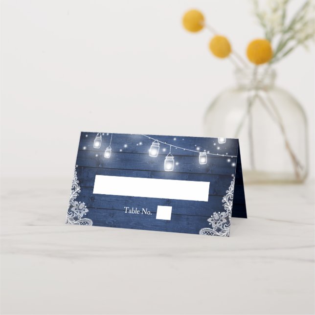 Tarjeta De Asiento Mason Jar de Madera Azul Rústica Boda de encaje (Anverso)