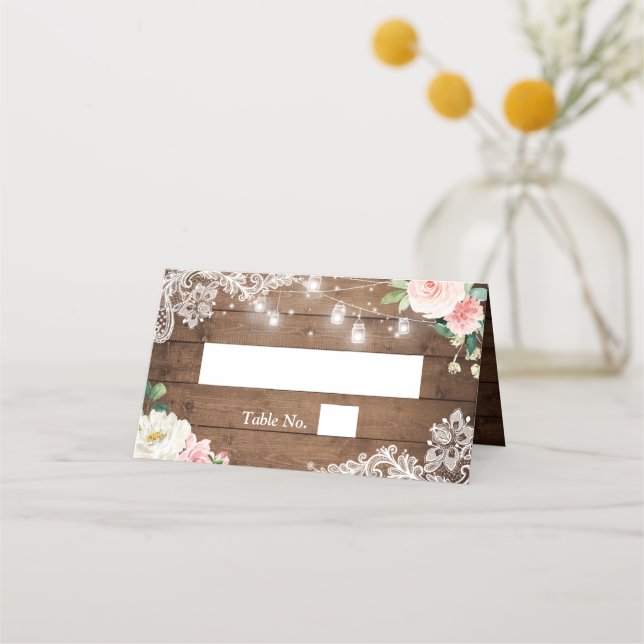 Tarjeta De Asiento Mason Jar Lights Lace Floral Rustic Boda (Anverso)