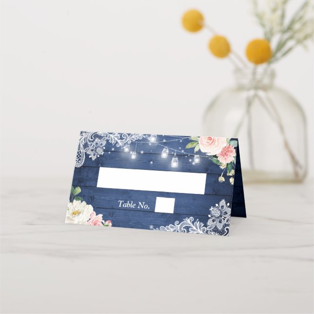 Tarjeta De Asiento Mason Jar Lights Lace Floral Rustic Boda Azul (Anverso)