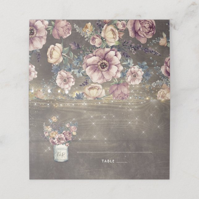 Tarjeta De Asiento Mauve y Mason Jar Rustic Boda (Exterior desplegado)
