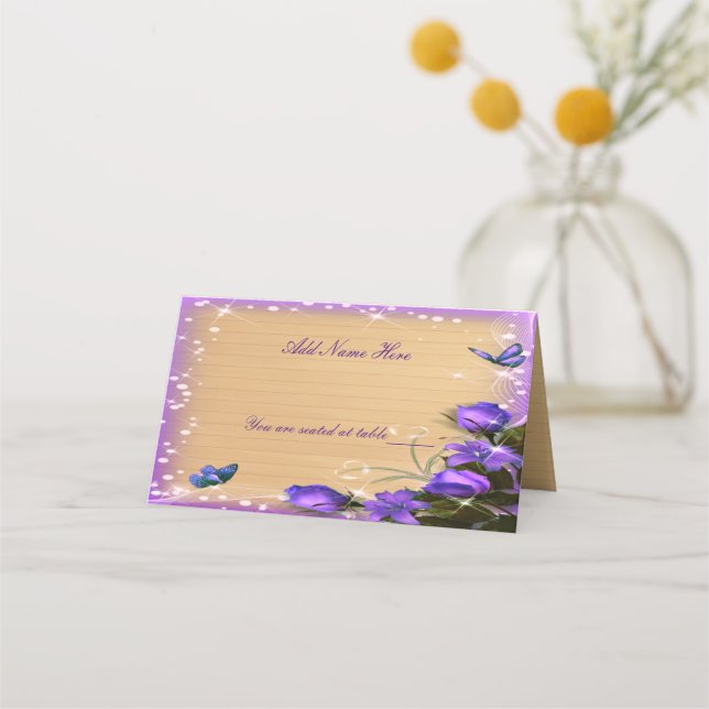 Tarjeta De Asiento Mesa Boda de mariposa floral púrpura de madera rús (Anverso)