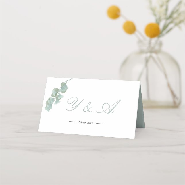 Tarjeta De Asiento Mesa boda Eucalipto Verde Mármol Elegante (Reverso)