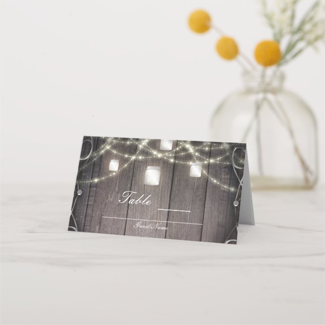 Tarjeta De Asiento Mesa Boda Rustic Wood Lights & Mason Jars (Reverso)
