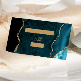 Tarjeta De Asiento Mesa de boda con guión de ágata dorada azul turque