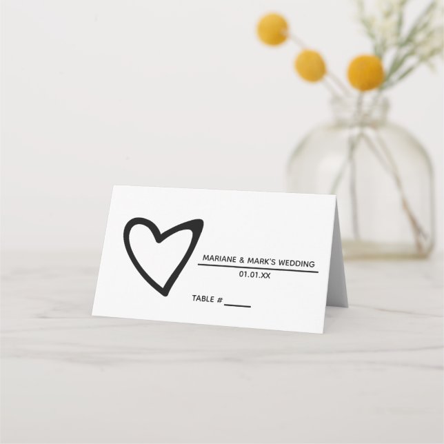 Tarjeta De Asiento Mesa de boda corazón curvado negro blanco (Anverso)