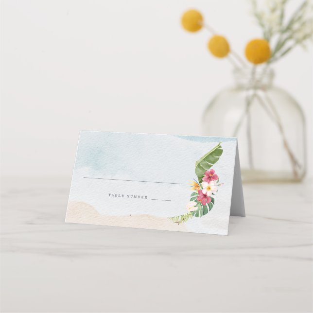 Tarjeta De Asiento Mesa de Boda de Playa con Flores Tropicales (Anverso)