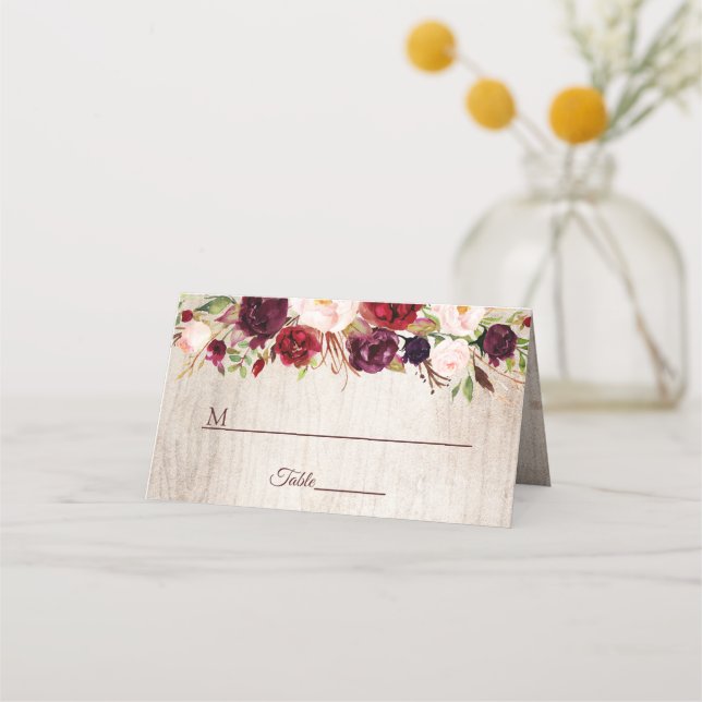 Tarjeta De Asiento Mesa de Bodas florales Rustic Wood Burgundy Rubor (Anverso)