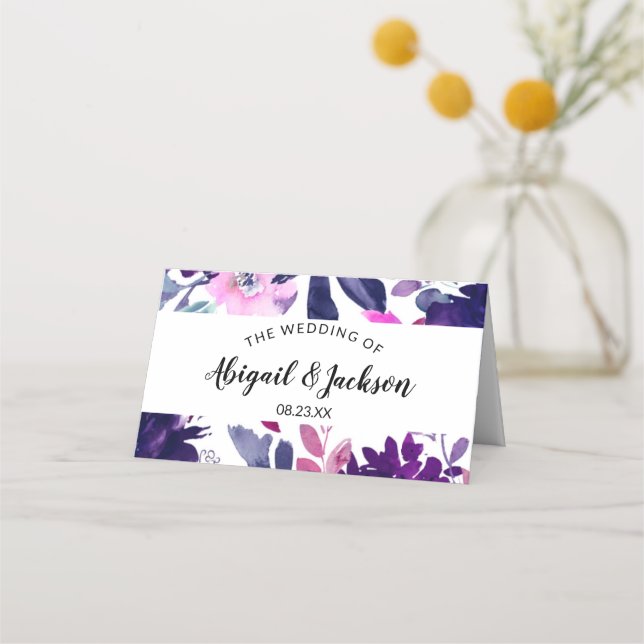 Tarjeta De Asiento Mesa de recepción floral de boda púrpura encantada (Reverso)