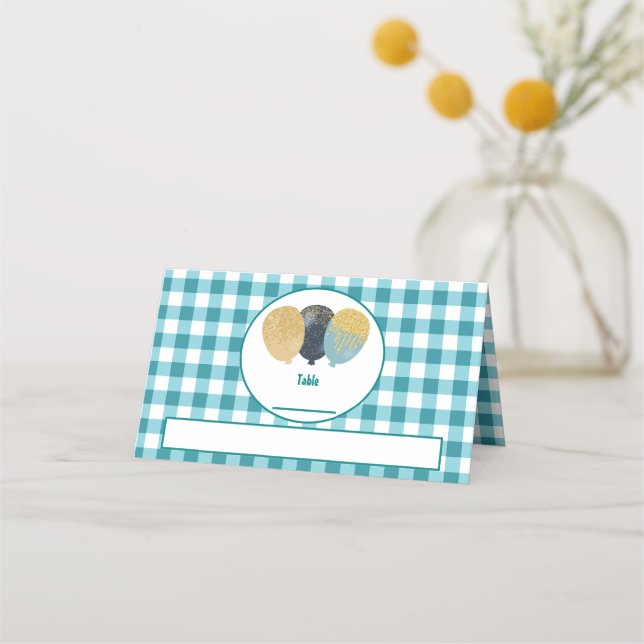 Tarjeta De Asiento Mesa doblada de globos de lentejuelas de gingham a (Anverso)