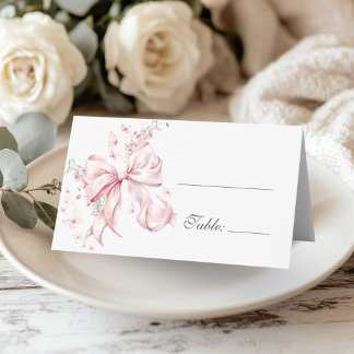Tarjeta De Asiento Mesa Floral de Perlas con Lazo Rosa Elegante