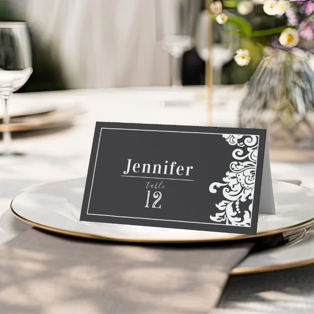 Tarjeta De Asiento Mesa moderna de matrimonio de damasco floral blanc (modern and elegant black and white floral damask wedding name card seating place card)