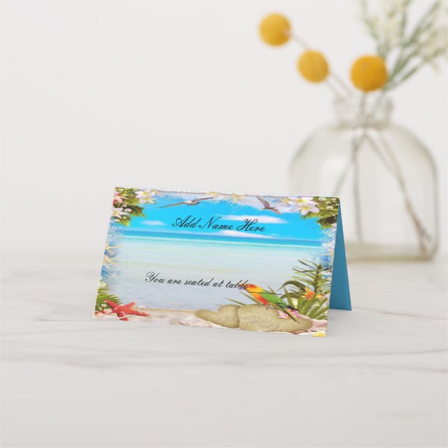 Tarjeta De Asiento Mesa plegada Boda floral de playa tropical (Anverso)
