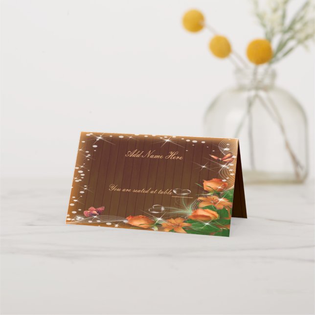 Tarjeta De Asiento Mesa Rustic Dark Wood Floral Butterfly Boda (Anverso)