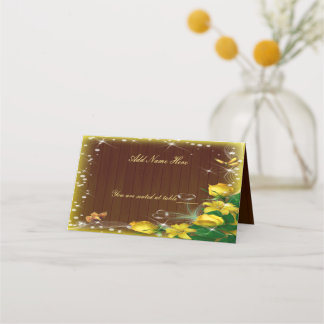 Tarjeta De Asiento Mesa Rústica Boda floral amarilla de madera oscura