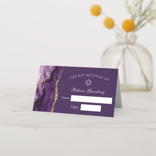 Tarjeta De Asiento Moda Agate Purple Gold Bat Mitzvah Fiesta (Anverso)