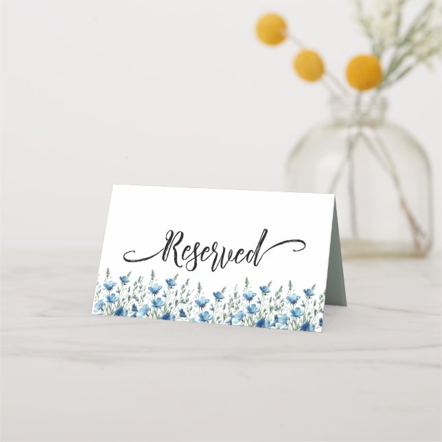 Tarjeta De Asiento Moda Blue Boho Flores silvestres Boda simple reser (Anverso)