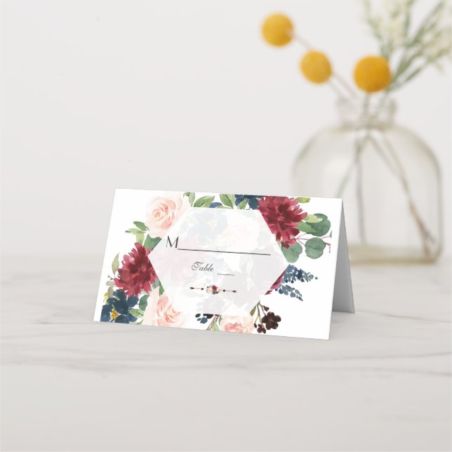 Tarjeta De Asiento Moda Burgundy Floral Hexagon Cuadro Número (Anverso)