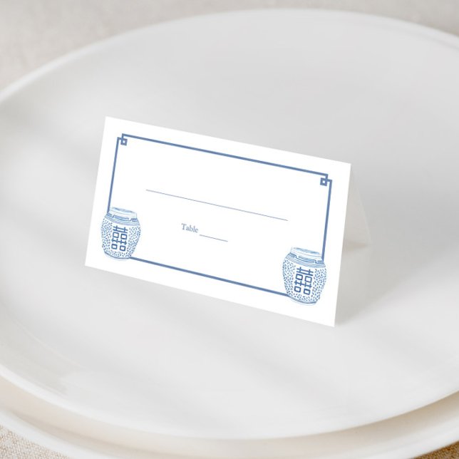 Tarjeta De Asiento Moda Chinoiserie Boda Jar De Jar Azul Y Blanco (Simple blue and white Ginger jars with blue greek key border wedding shower place cards)