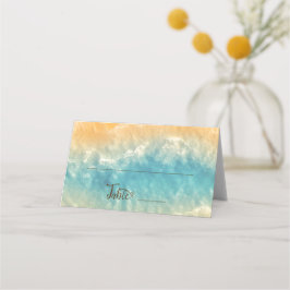 Tarjeta De Asiento Moda costera Boda de agua turquesa de arena dorada