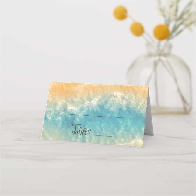 Tarjeta De Asiento Moda costera Boda de agua turquesa de arena dorada (Anverso)