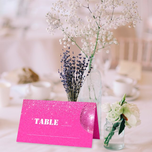 Tarjeta De Asiento Moda Disco Ball Mesa Boda Purpurina Rosado Calient (Front)