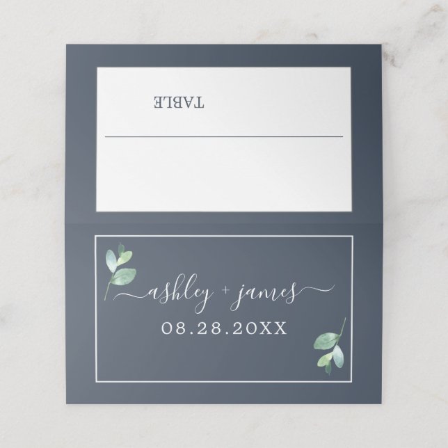 Tarjeta De Asiento Moda Foliage Dark Blue Custom Wedding Place Card (Exterior desplegado)