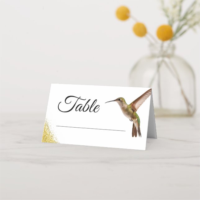 Tarjeta De Asiento Moda Green Hummingbird y Gold Dust Boda (Anverso)