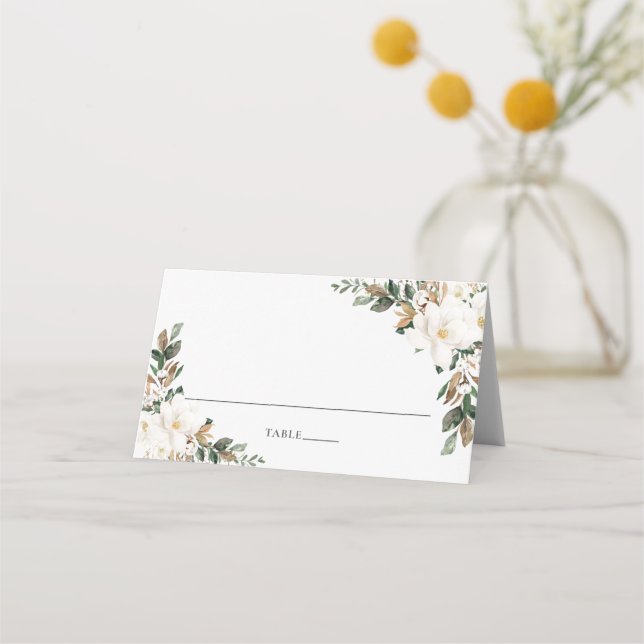 Tarjeta De Asiento Moda Ivory Magnolia Greenery Boda Nombre invitado (Anverso)