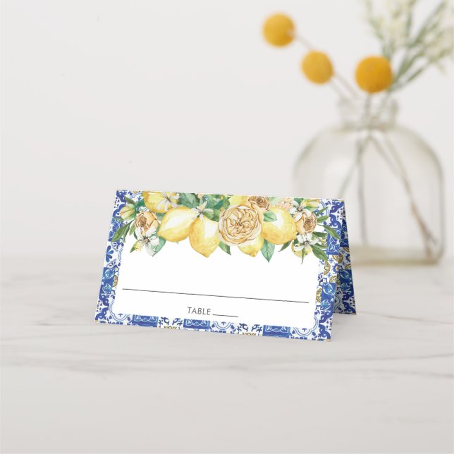 Tarjeta De Asiento Moda Lemon Green Floral Mediterranean Bridal (Anverso)