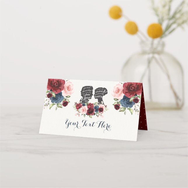 Tarjeta De Asiento Moda Navy Maroon Flower Bride Groom Silhouettes (Anverso)
