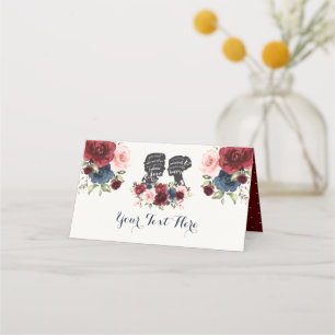 Tarjeta De Asiento Moda Navy Maroon Flower Bride Groom Silhouettes