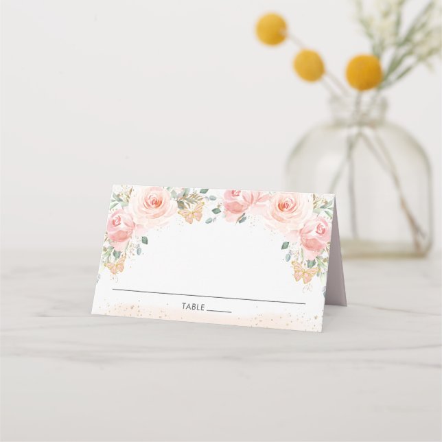Tarjeta De Asiento Moda Rubor Pink Floral Butterflies Guest Name Plac (Anverso)