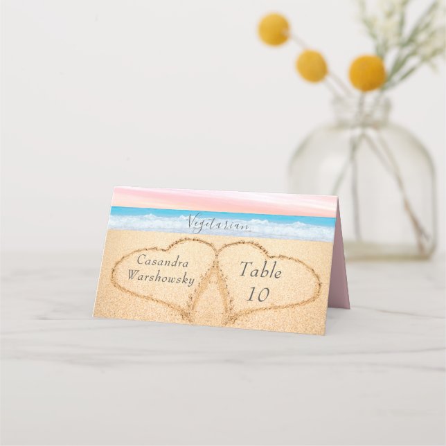 Tarjeta De Asiento Moda Rubor Pink Purple Beach Wedding 2 Heart Sand (Anverso)