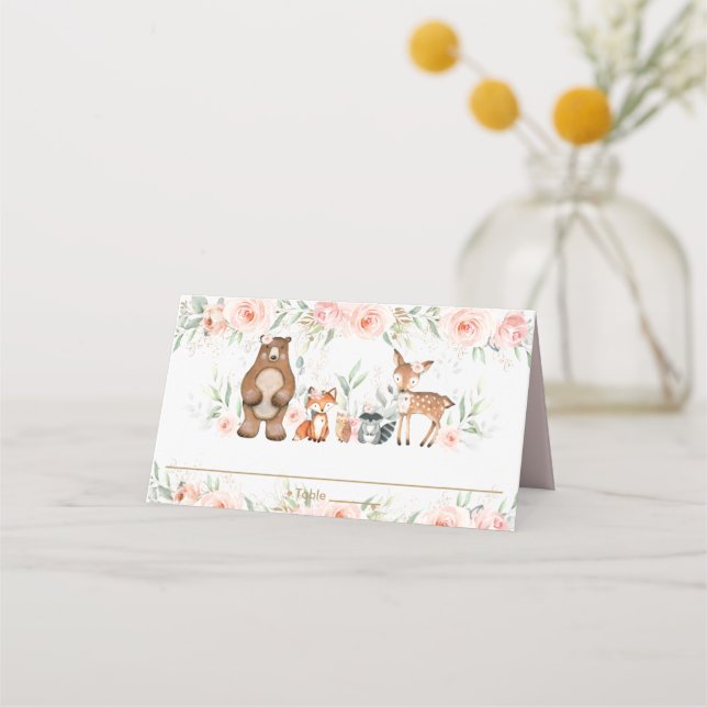 Tarjeta De Asiento Moda Woodland Animales Rubor Floral Shower Cumplea (Anverso)