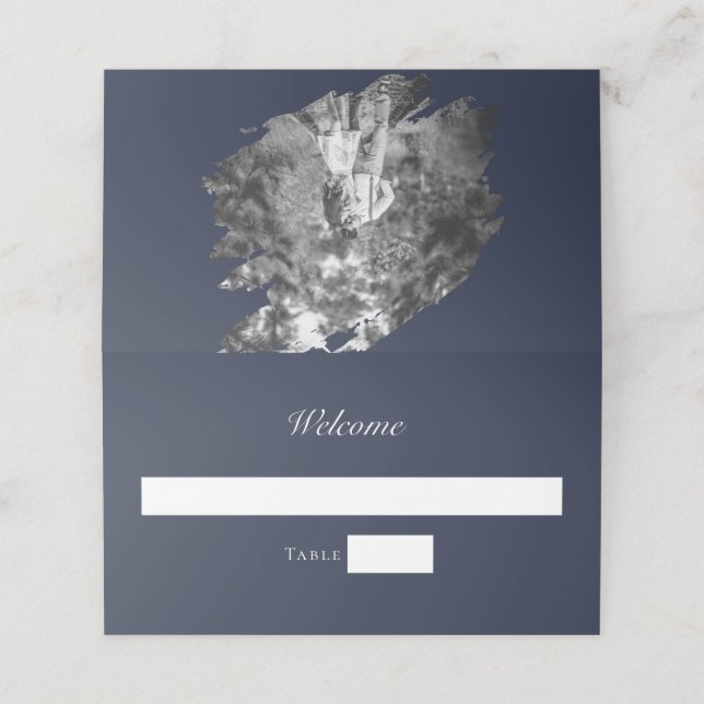 Tarjeta De Asiento Modern Brushstroke Photo Wedding | Navy Blue (Exterior desplegado)