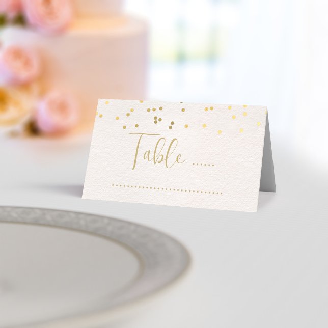 Tarjeta De Asiento Modern Pink and Gold Confetti Wedding Place Card (A pretty pink place card with space for your table number and handwritten name & message inside)