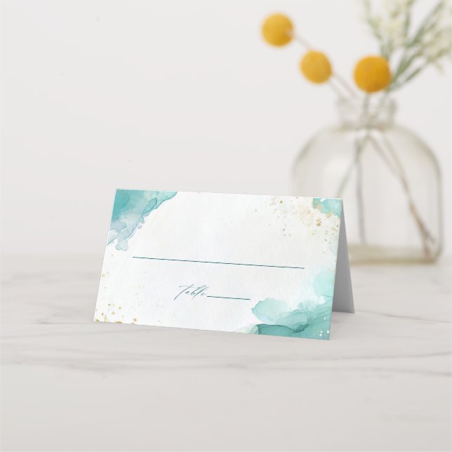 Tarjeta De Asiento Modern Teal Gold Abstract Beach Wedding (Anverso)