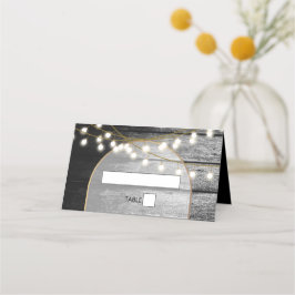 Tarjeta De Asiento Moderna Rustic Black Wood Gold Lights Arch Boda