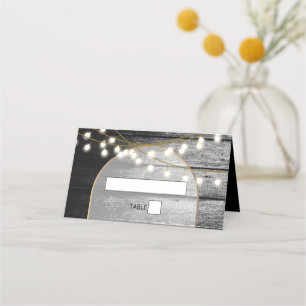 Tarjeta De Asiento Moderna Rustic Black Wood Gold Lights Arch Boda